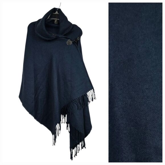 Brooks Brothers Women's Navy Blue Winter Cape Poncho Wrap Fringe Scarf Shawl OS - Picture 1 of 10